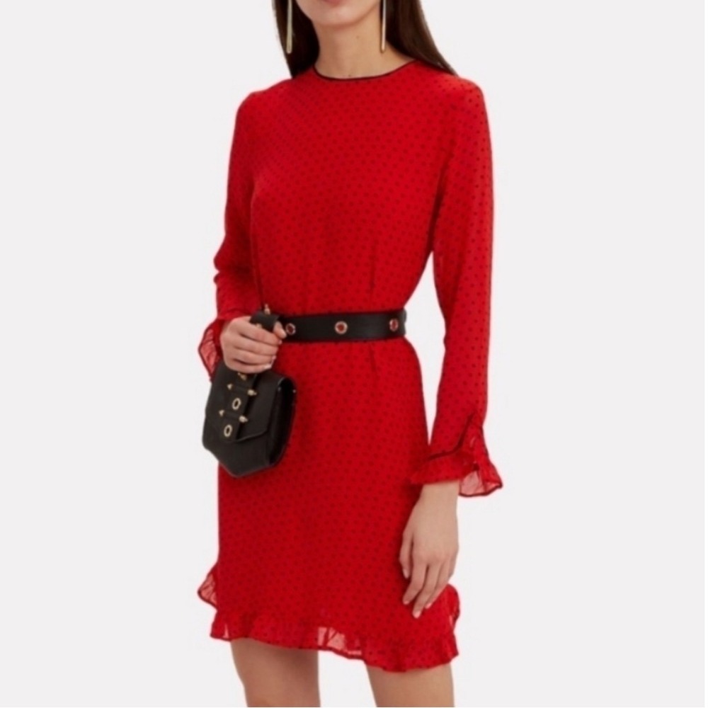 Ganni Red Polkadot Dot Ruffle Trim Long Sleeve Mini‎ Dress Party Cocktail